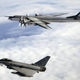 A Quick Reaction Alert (QRA) Typhoon F2 from Number XI Squadron at RAF Coningsby escorts a Russian Tupolev Tu-95 Bear-H aircraft over the North Atlantic Ocean (RAF)